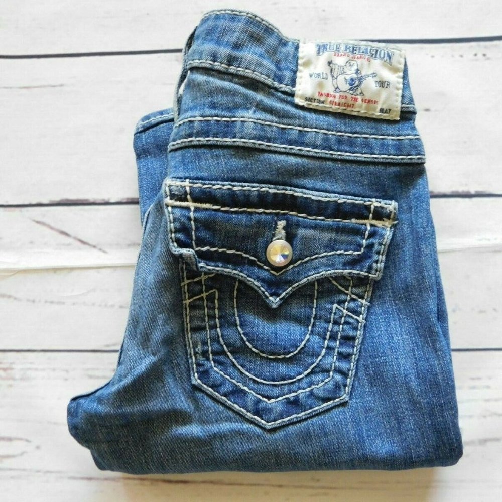True Religion Medium Wash Stretch Prism Jewel Buttons Straight Leg Jeans - 26